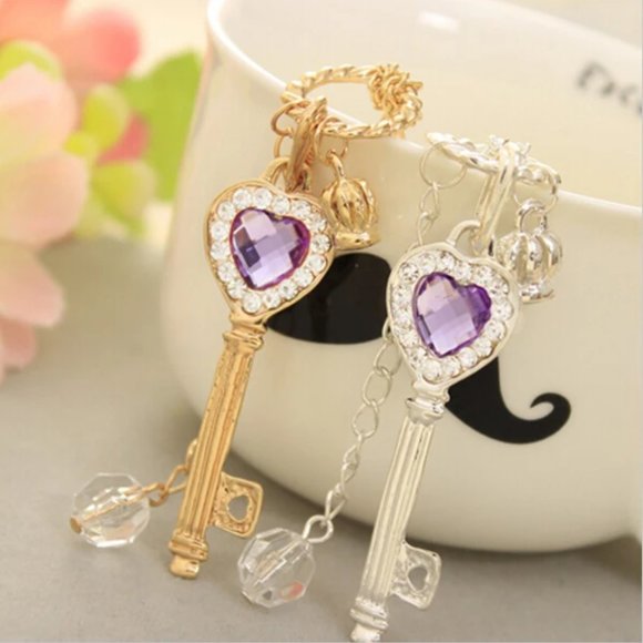 Silver Key Charm Necklace Purple Crystal - Picture 7 of 10